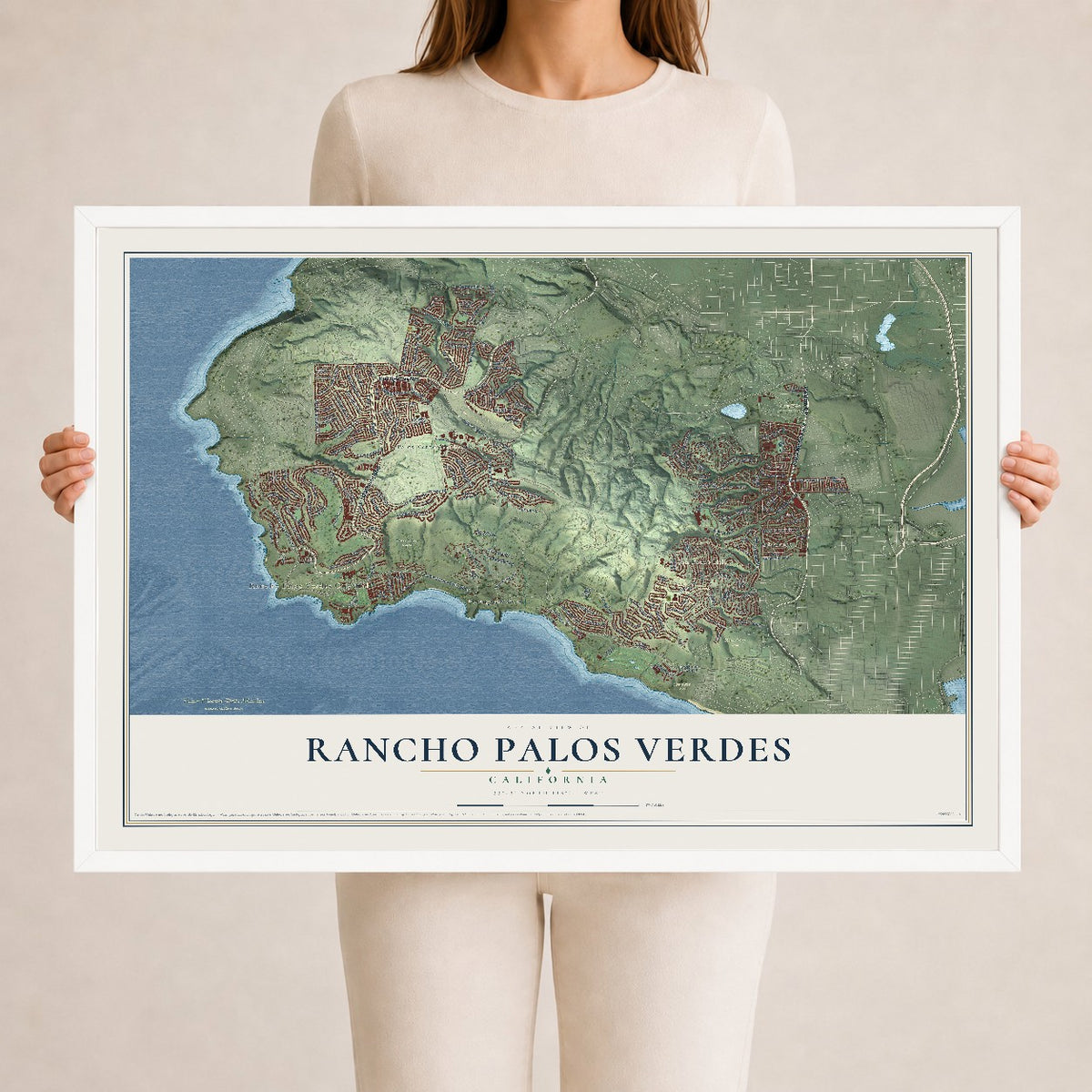 Map of Rancho Palos Verdes, California, 24 x 36 inch print in a white wood frame