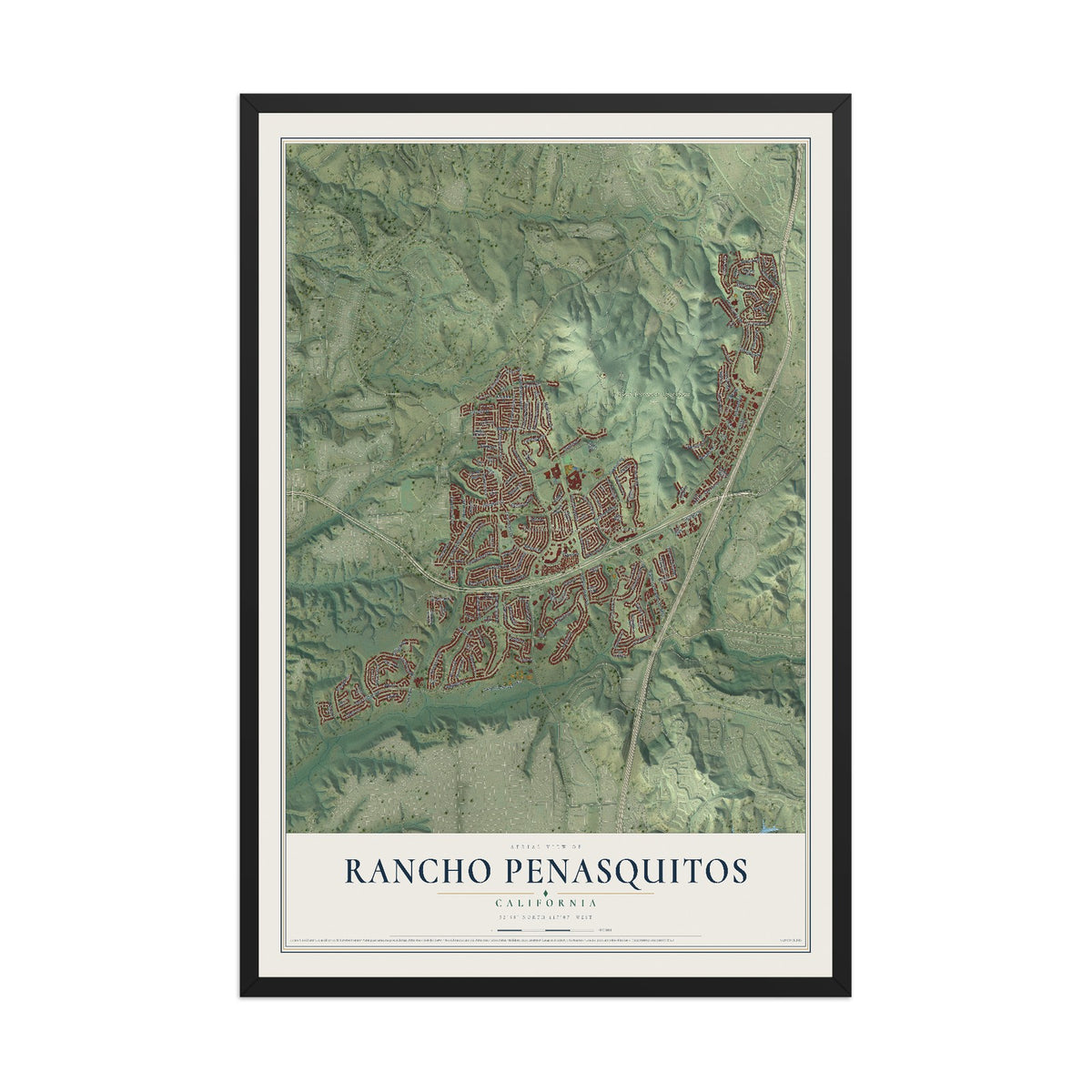 Map of Rancho Penasquitos, California, 12 x 18 inch print in a black wood frame