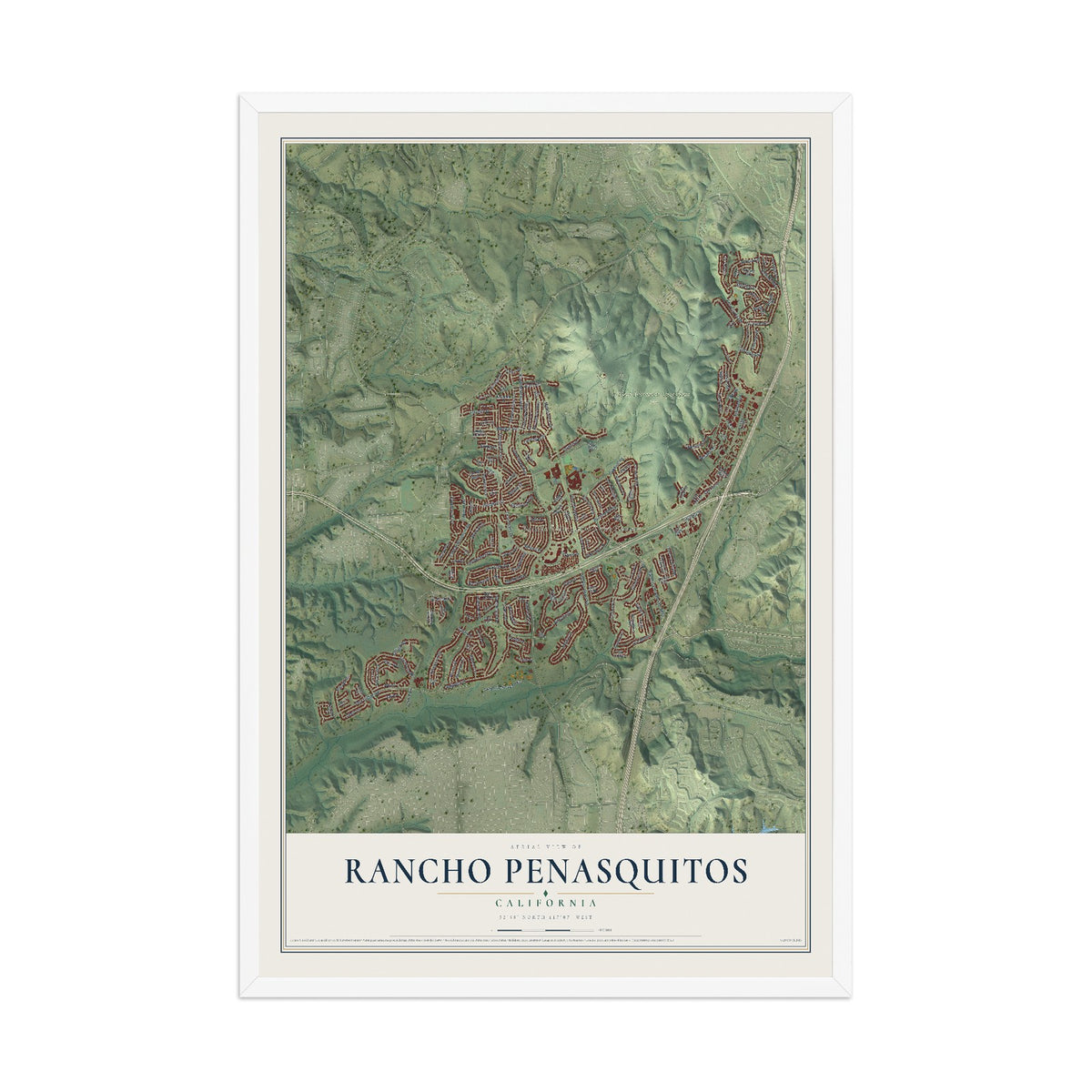 Map of Rancho Penasquitos, California, 12 x 18 inch print in a white wood frame