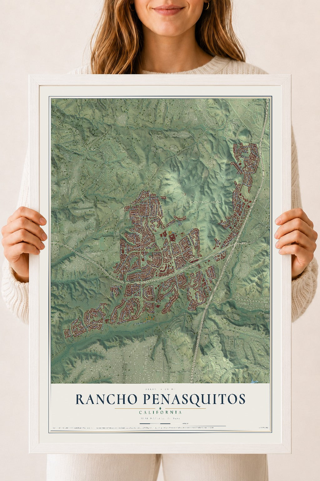 Map of Rancho Penasquitos, California, 18 x 24 inch print in a white wood frame