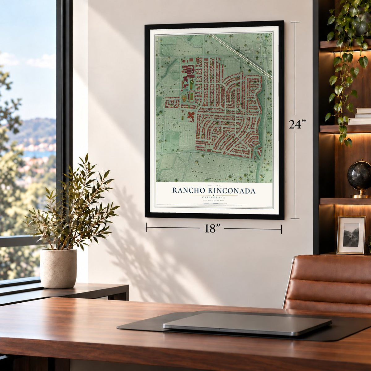 Rancho Rinconada, California map, 18 x 24 inch print in a black frame in a home office