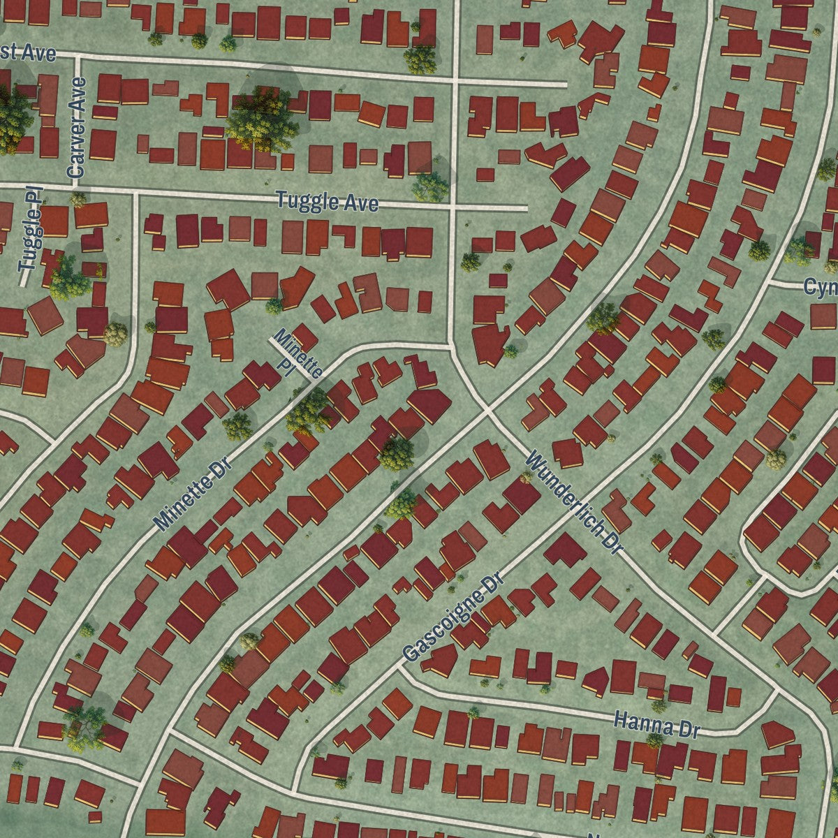 Close-up of the map of Rancho Rinconada, California print showing street and building detail
