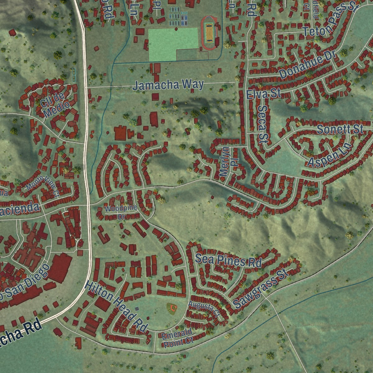Second close-up of the map of Rancho San Diego, California print showing more streets and buildings