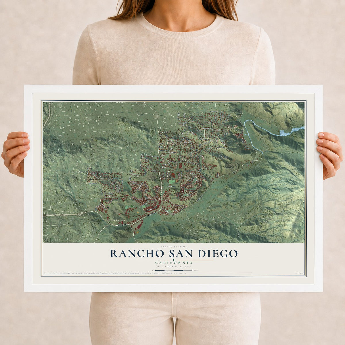 Map of Rancho San Diego, California, 12 x 18 inch print in a white wood frame