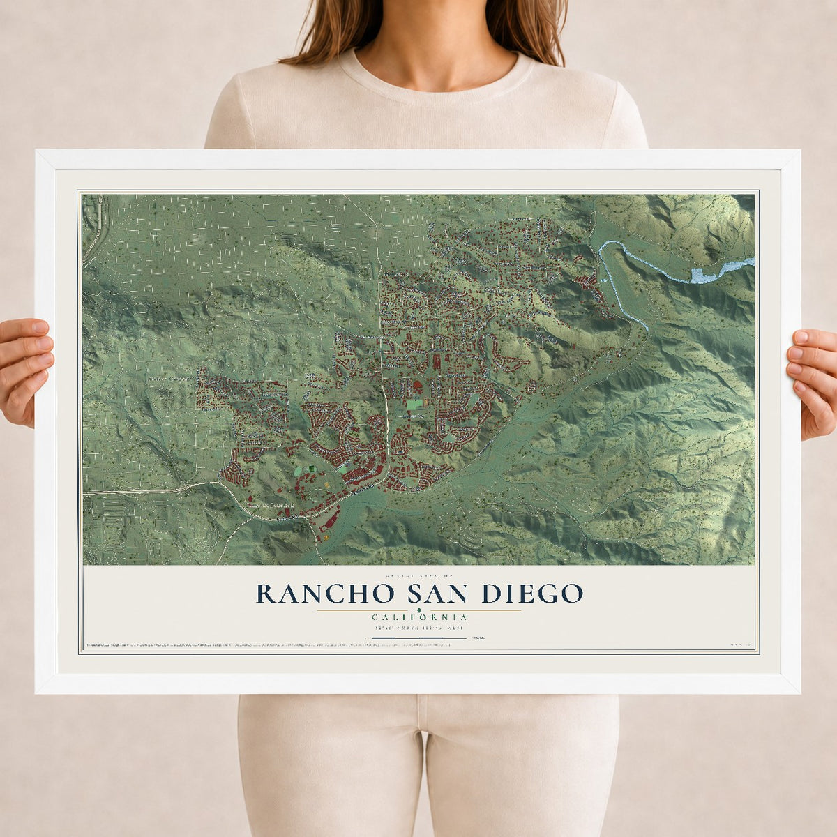 Map of Rancho San Diego, California, 18 x 24 inch print in a white wood frame