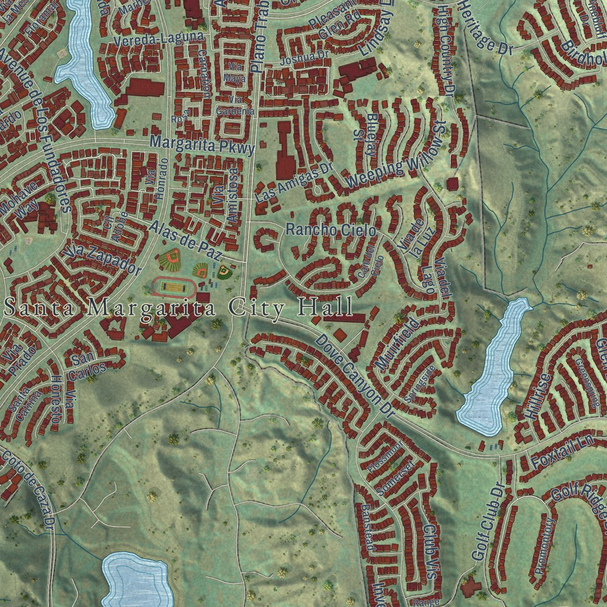 Close-up of the map of Rancho Santa Margarita, California print showing street and building detail