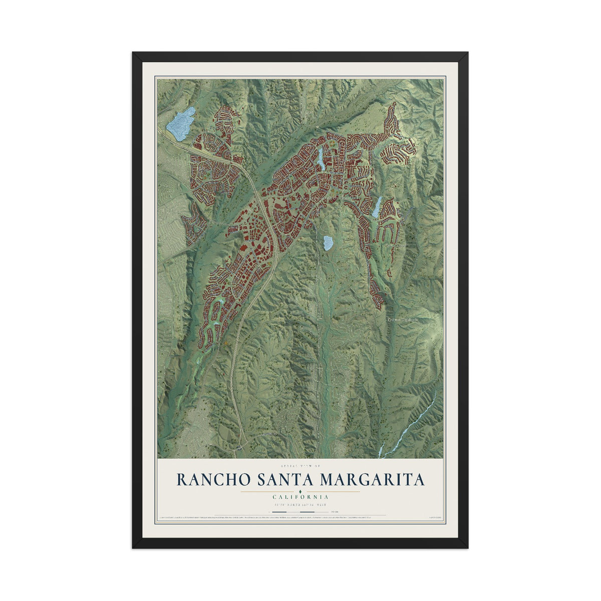 Map of Rancho Santa Margarita, California, 12 x 18 inch print in a black wood frame
