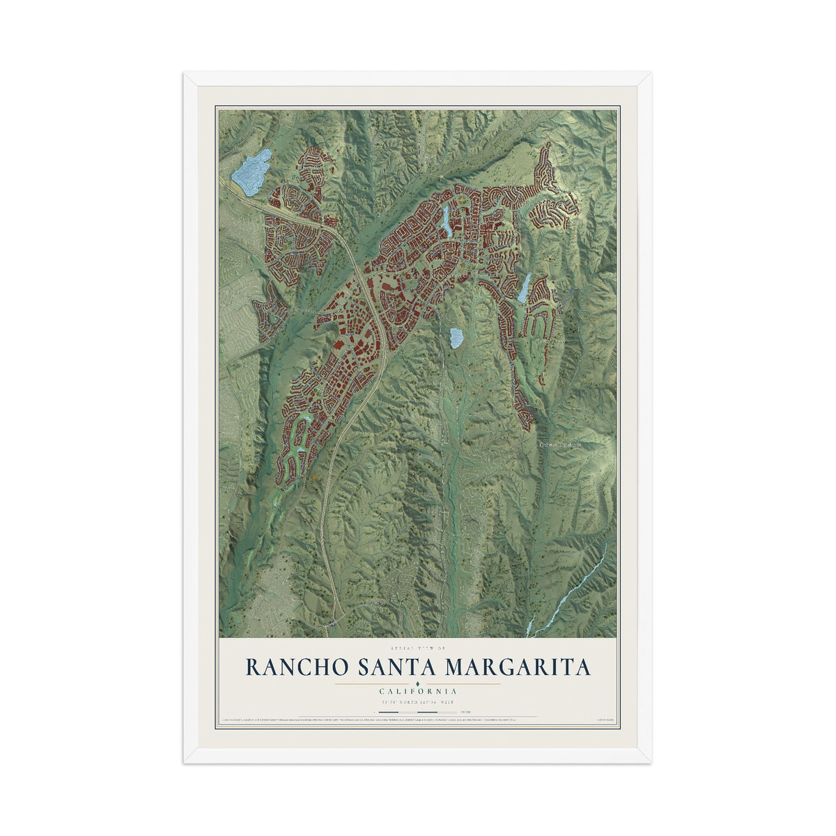 Map of Rancho Santa Margarita, California, 12 x 18 inch print in a white wood frame