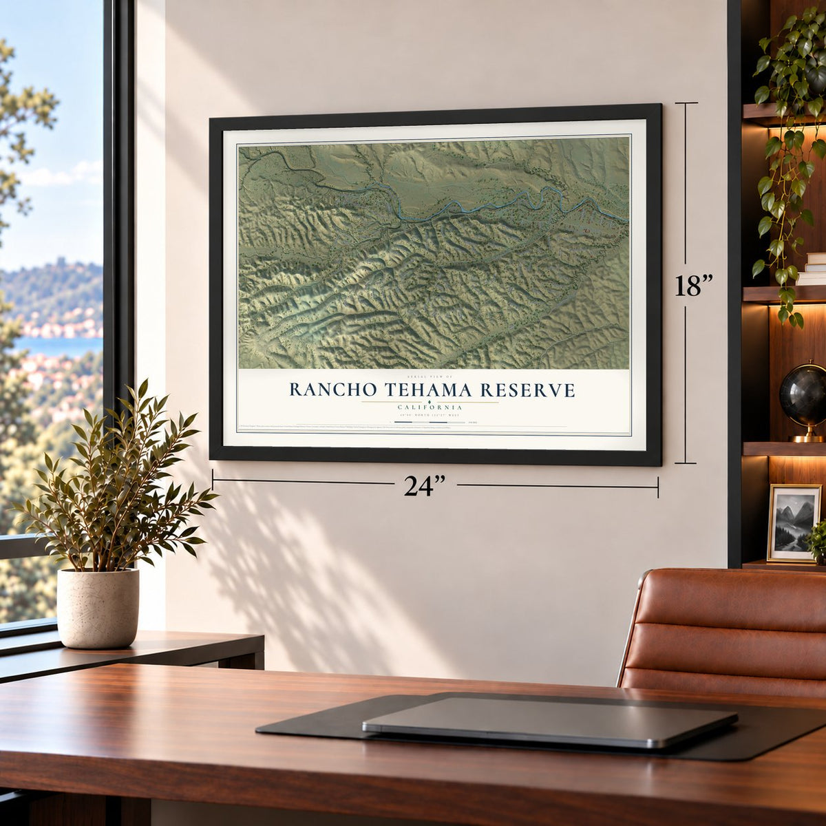 Rancho Tehama Reserve, California map, 18 x 24 inch print in a black frame in a home office
