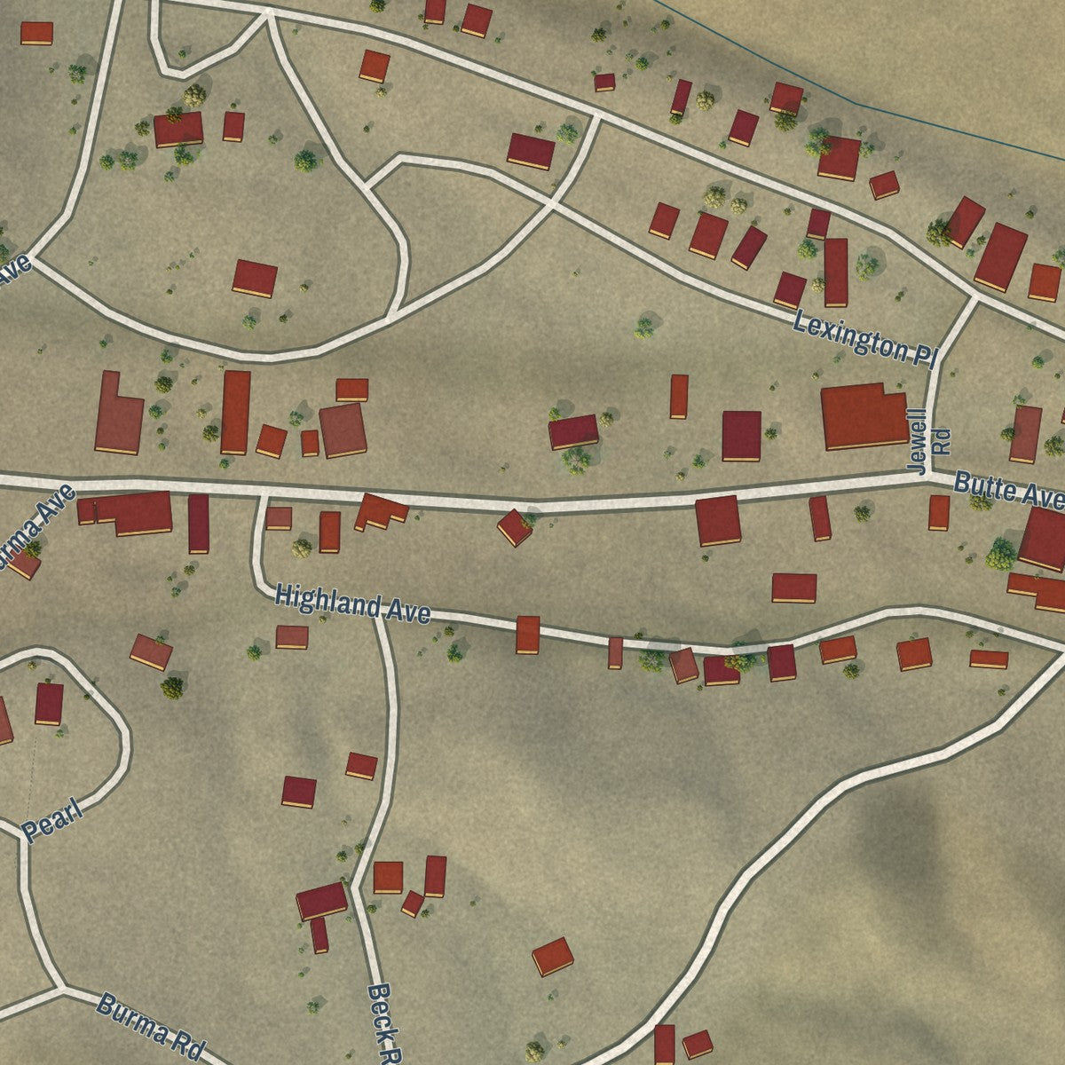 Close-up of the map of Randsburg, California print showing street and building detail