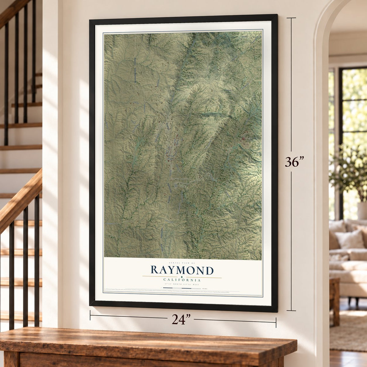 Raymond, California map, 24 x 36 inch print in a black frame by a staircase