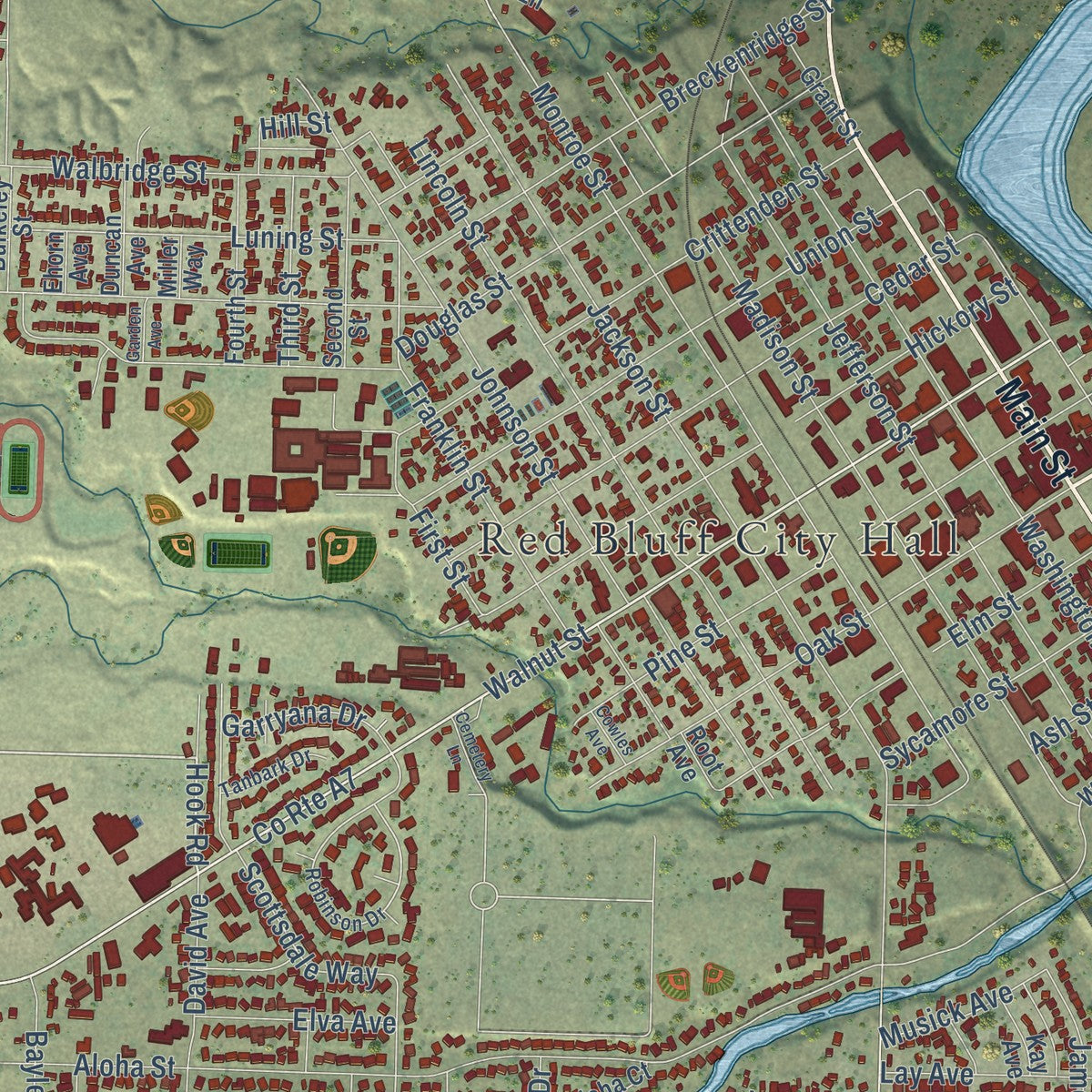 Close-up of the map of Red Bluff, California print showing street and building detail