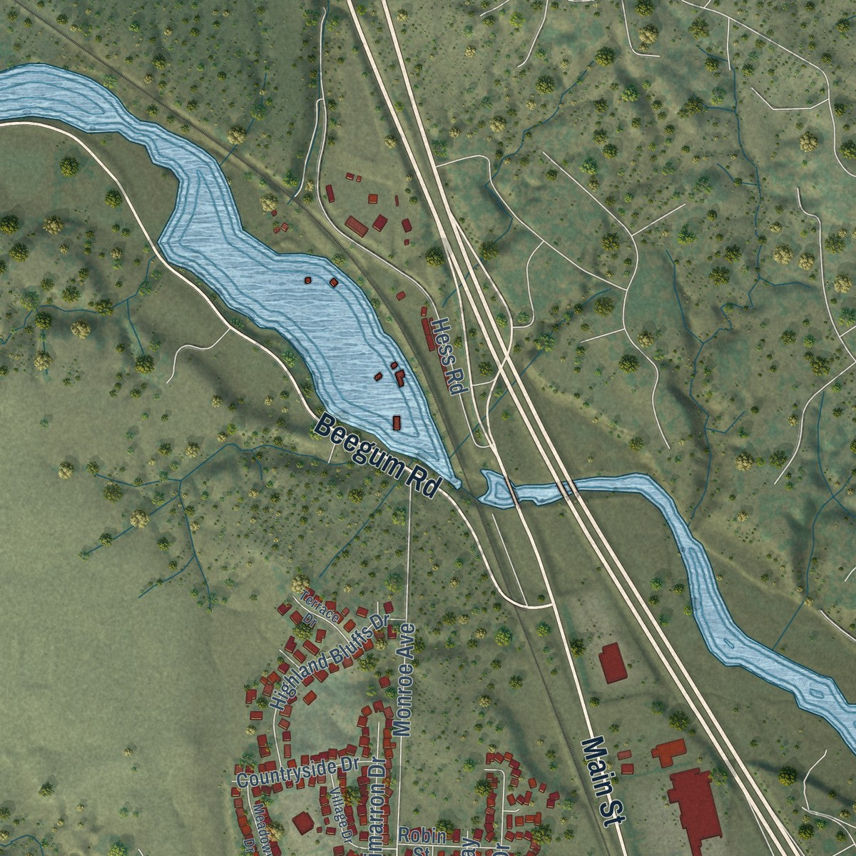 Second close-up of the map of Red Bluff, California print showing more streets and buildings