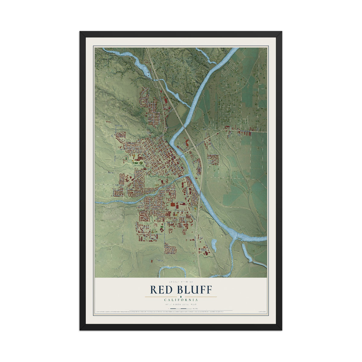 Map of Red Bluff, California, 12 x 18 inch print in a black wood frame