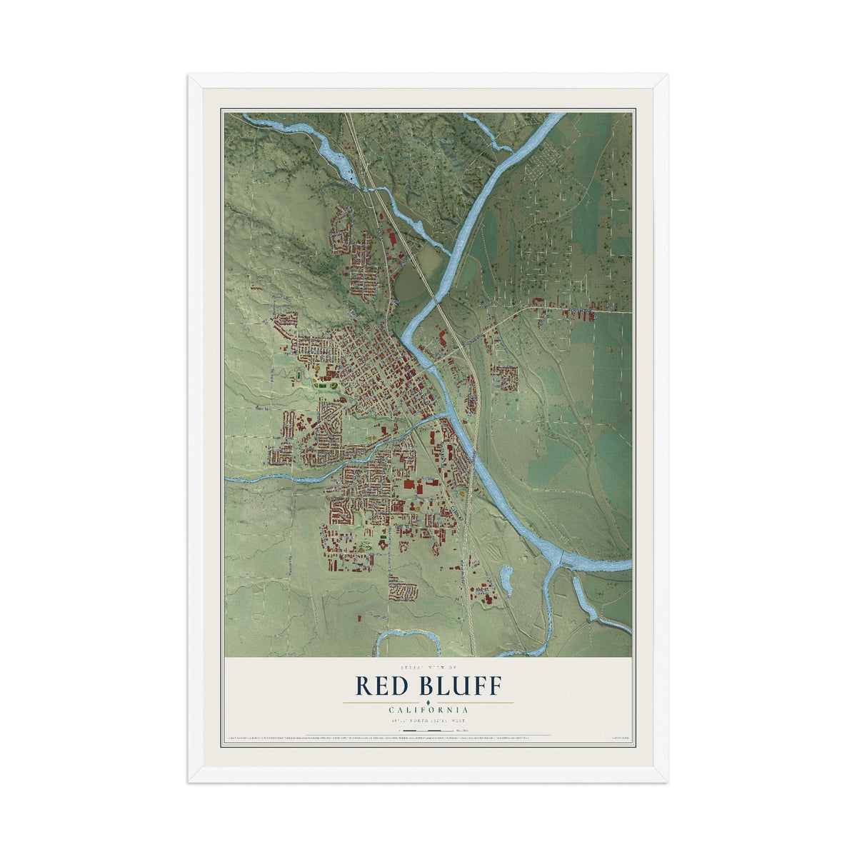 Map of Red Bluff, California, 12 x 18 inch print in a white wood frame