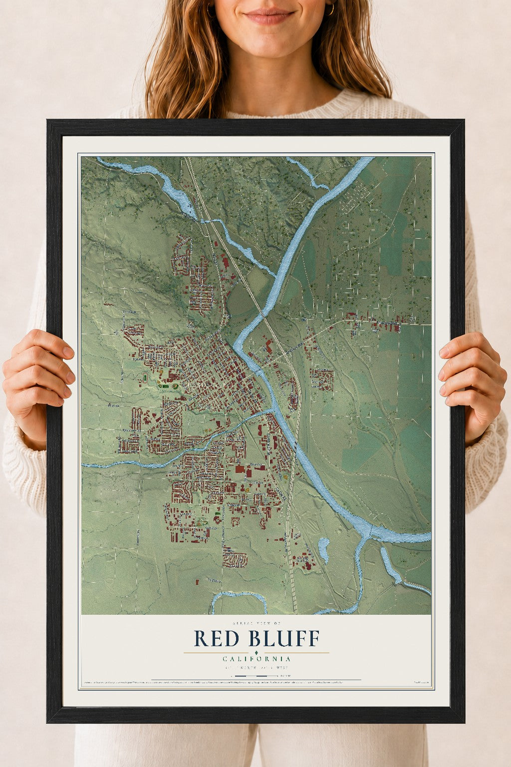 Map of Red Bluff, California, 18 x 24 inch print in a black wood frame