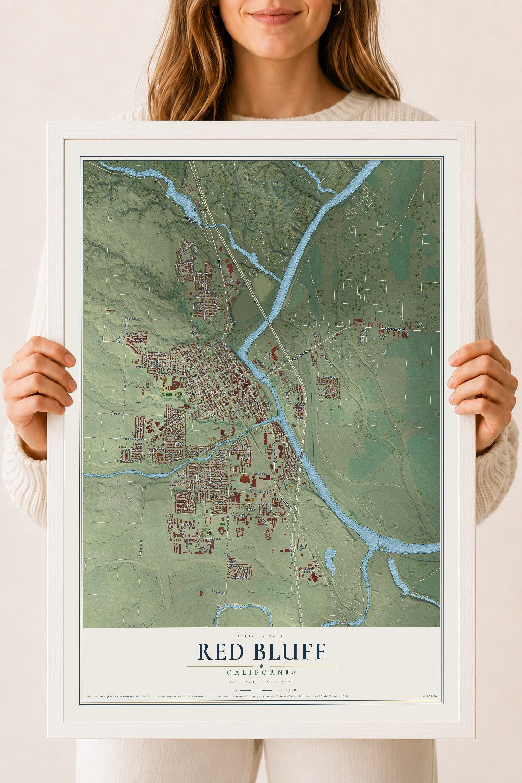 Map of Red Bluff, California, 18 x 24 inch print in a white wood frame