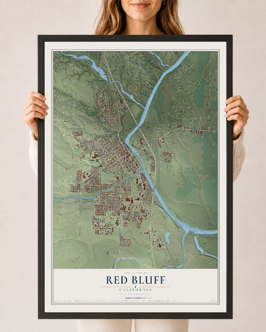 Map of Red Bluff, California, 24 x 36 inch print in a black wood frame