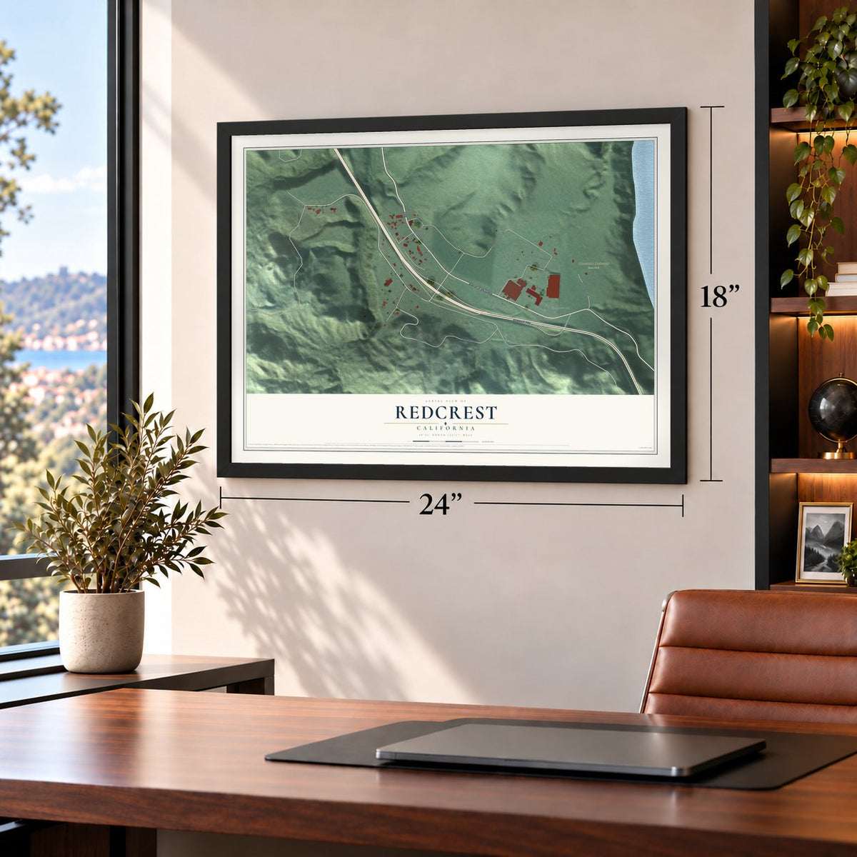 Redcrest, California map, 18 x 24 inch print in a black frame in a home office