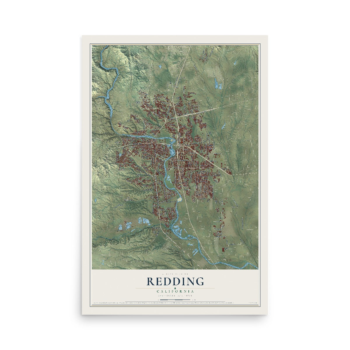 Map of Redding, California, 12 x 18 inch unframed archival matte print
