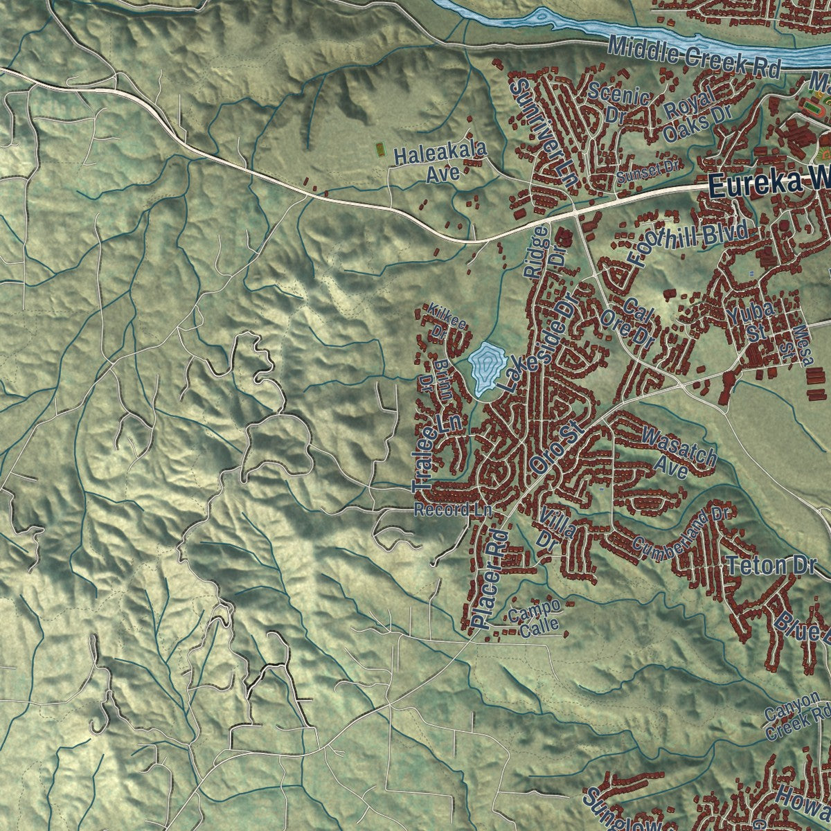 Second close-up of the map of Redding, California print showing more streets and buildings
