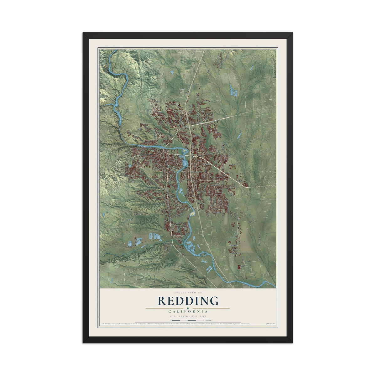 Map of Redding, California, 12 x 18 inch print in a black wood frame