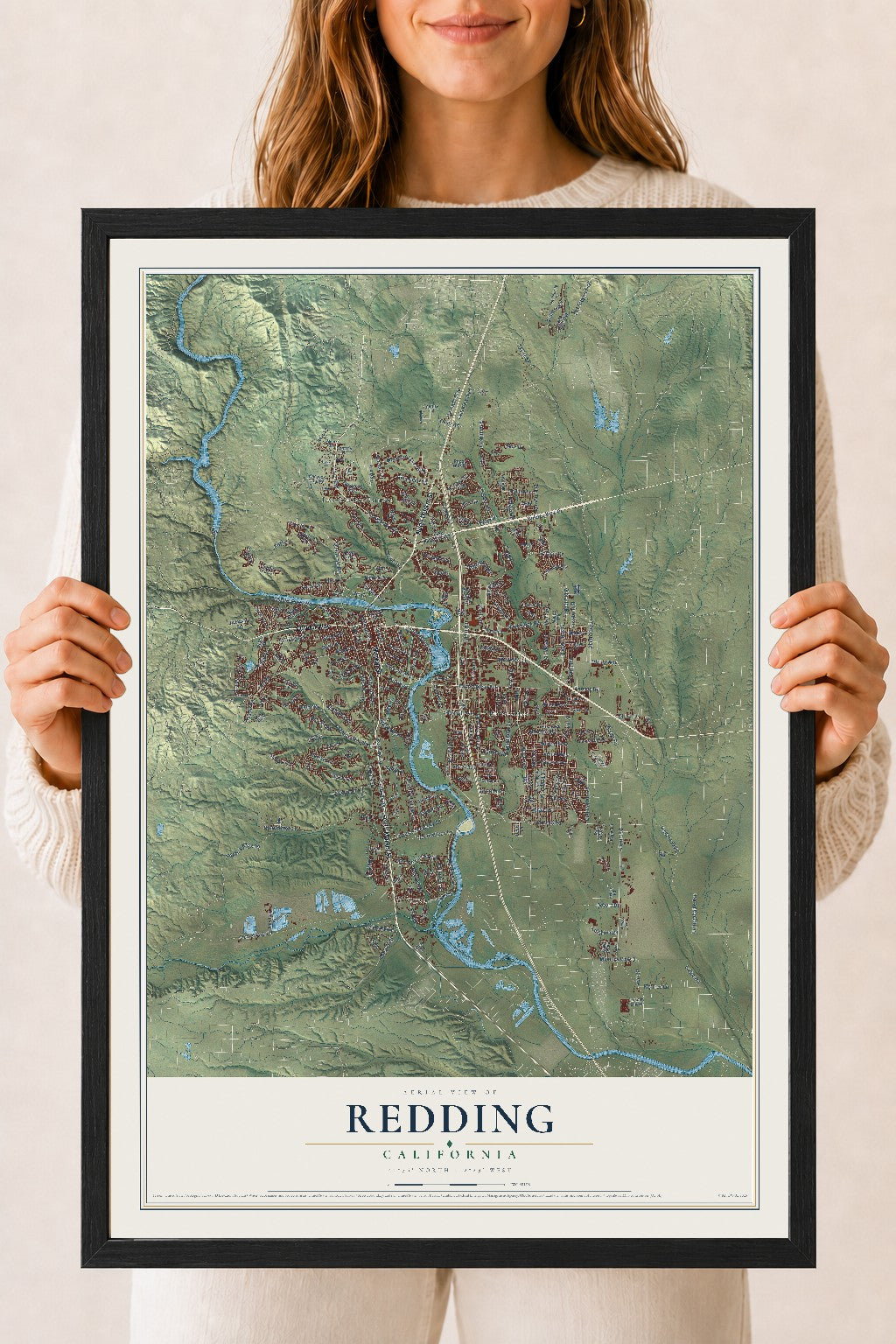 Map of Redding, California, 18 x 24 inch print in a black wood frame