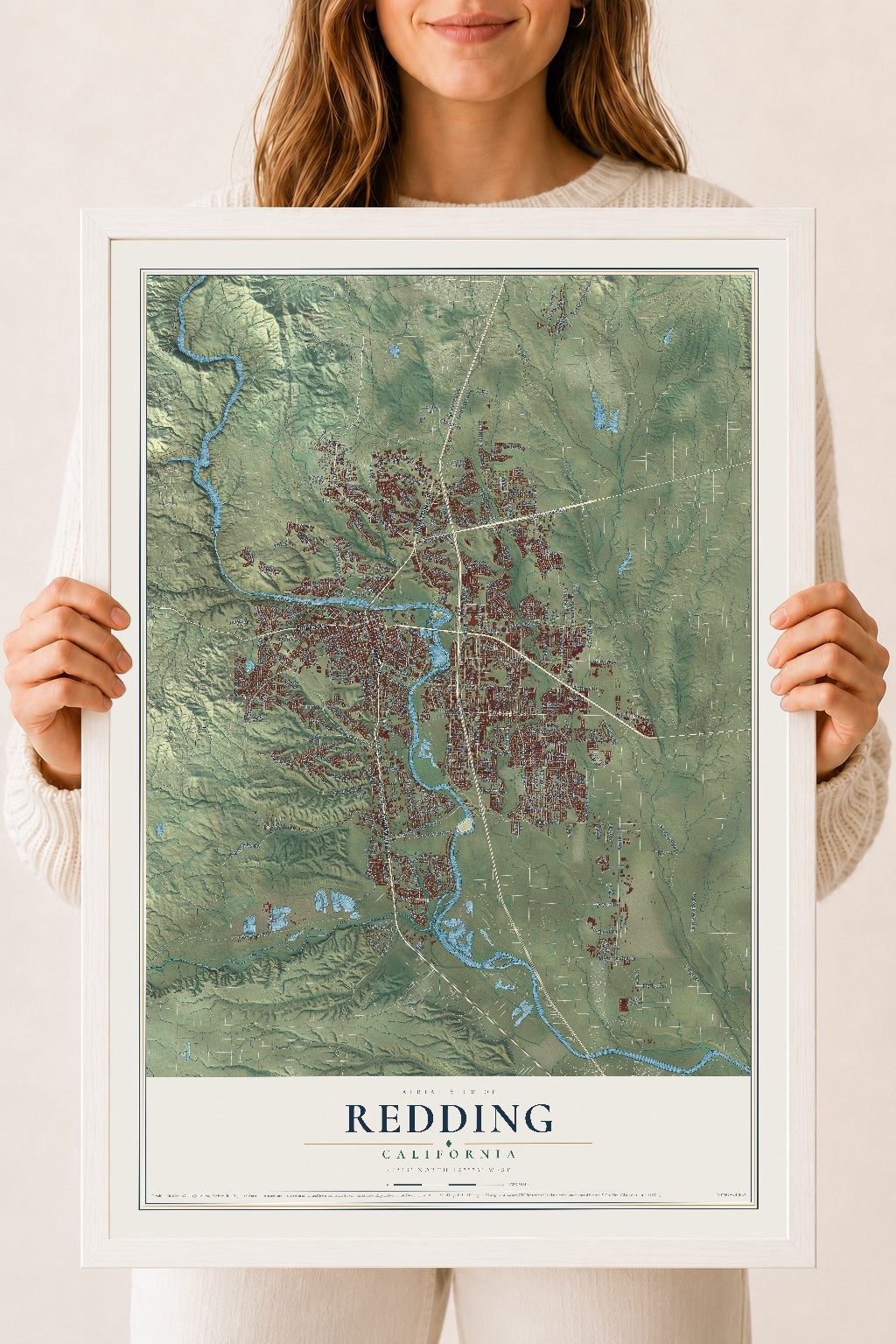 Map of Redding, California, 18 x 24 inch print in a white wood frame
