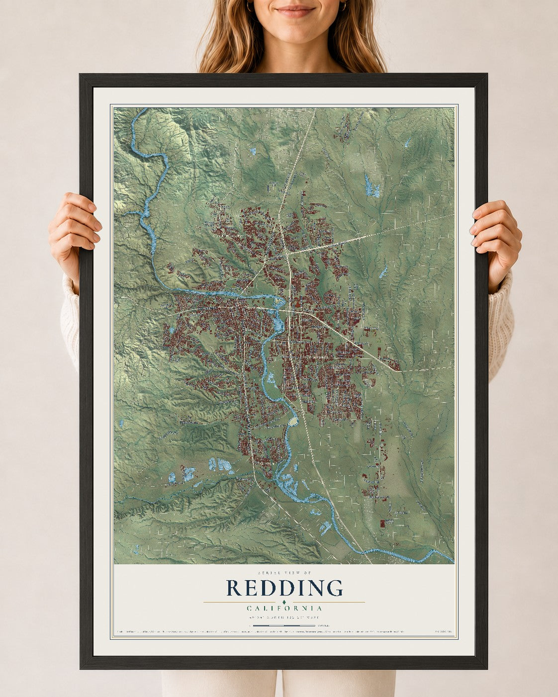 Map of Redding, California, 24 x 36 inch print in a black wood frame