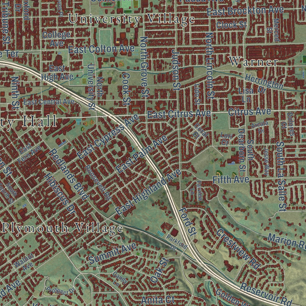 Close-up of the map of Redlands, California print showing street and building detail