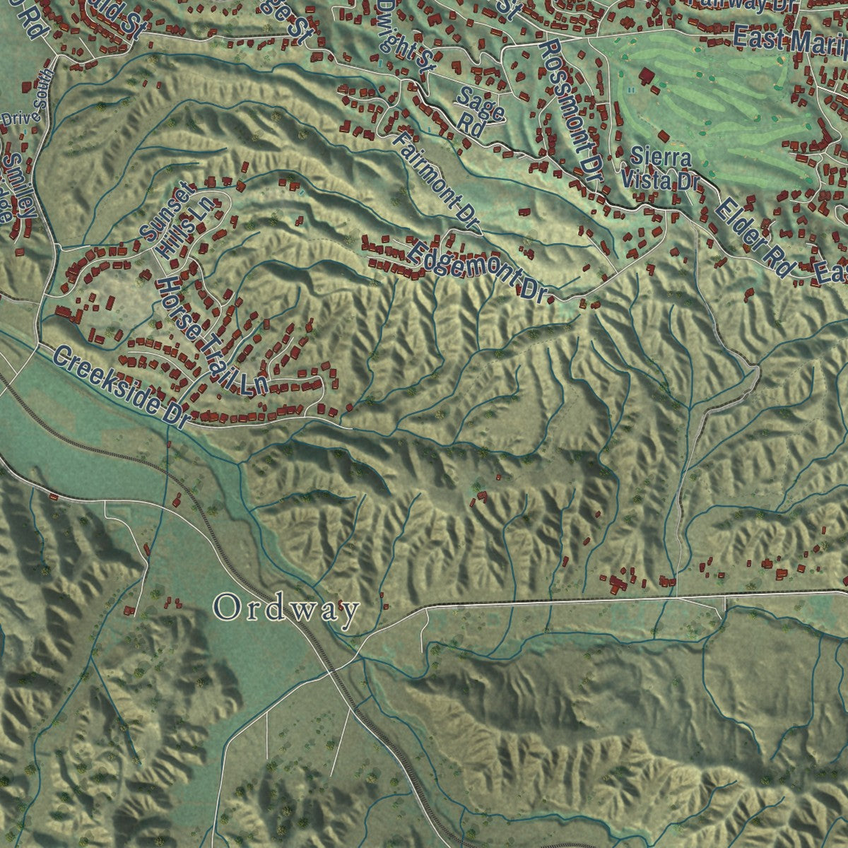 Second close-up of the map of Redlands, California print showing more streets and buildings
