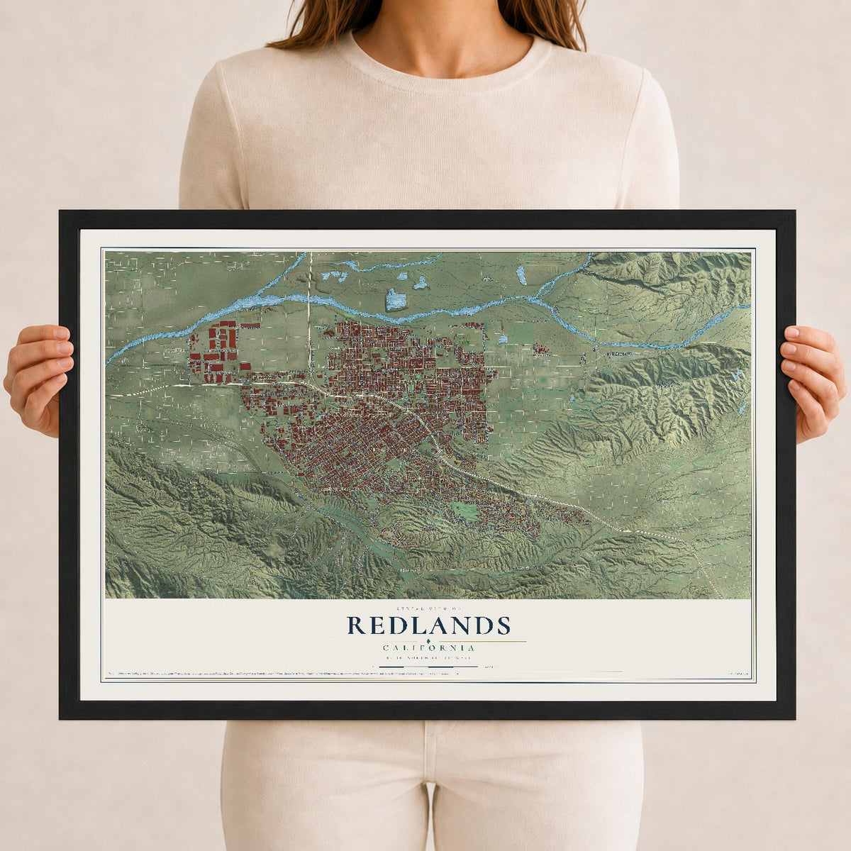 Map of Redlands, California, 12 x 18 inch print in a black wood frame