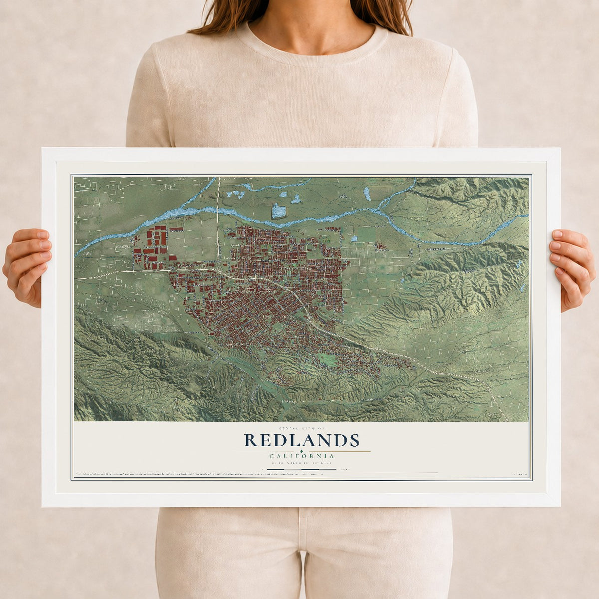 Map of Redlands, California, 12 x 18 inch print in a white wood frame