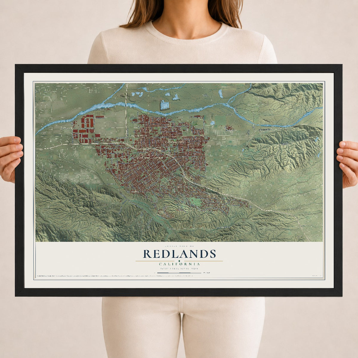 Map of Redlands, California, 18 x 24 inch print in a black wood frame
