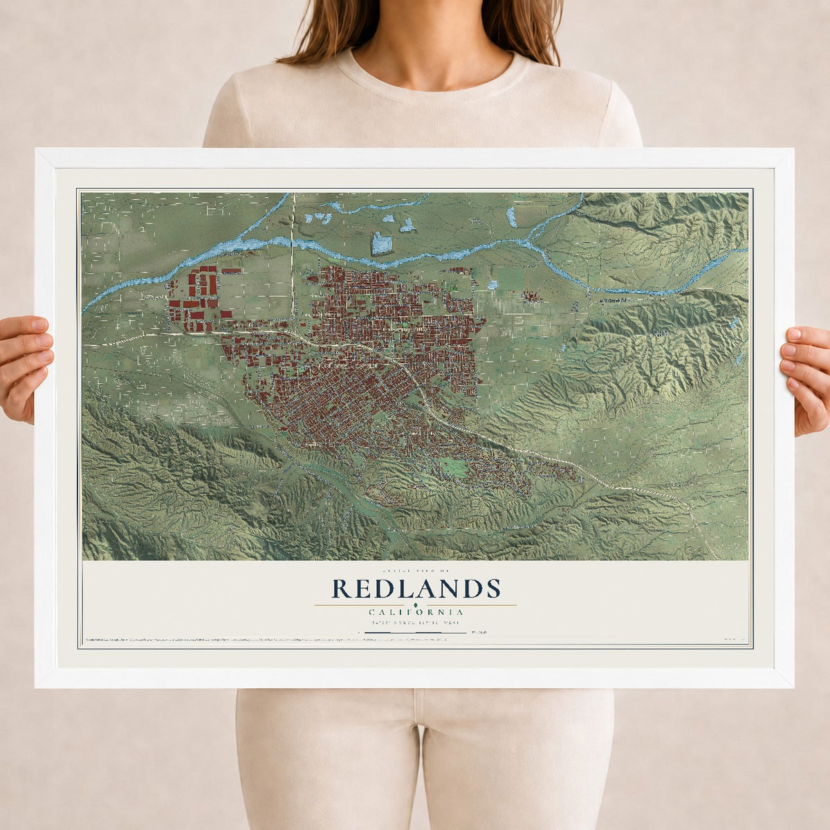 Map of Redlands, California, 18 x 24 inch print in a white wood frame