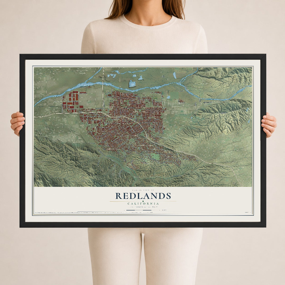 Map of Redlands, California, 24 x 36 inch print in a black wood frame