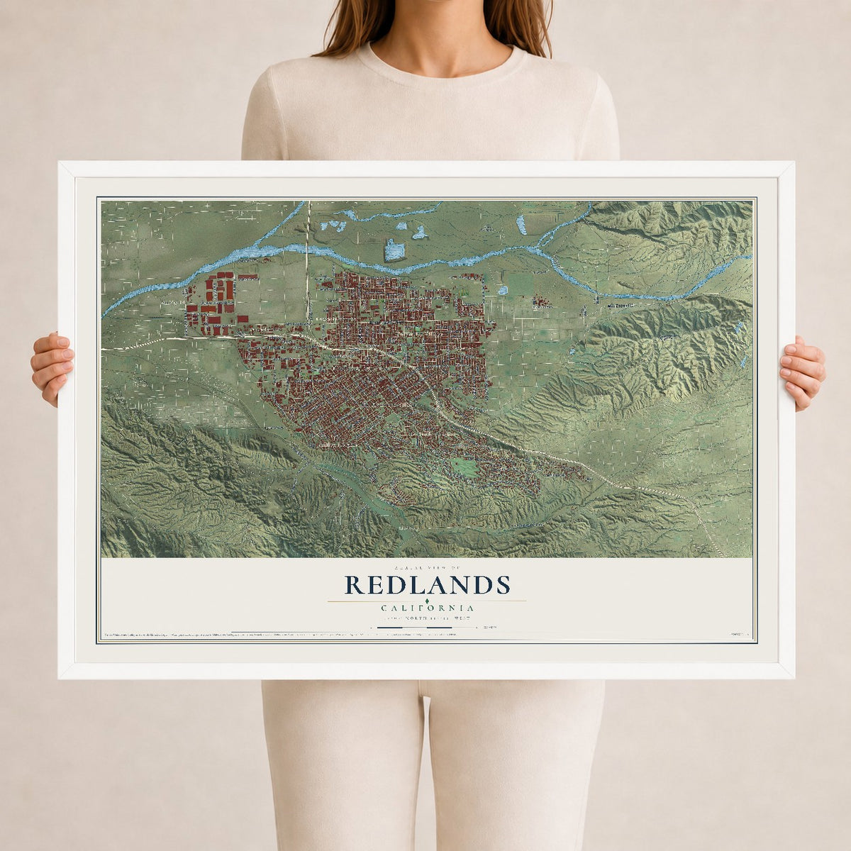 Map of Redlands, California, 24 x 36 inch print in a white wood frame