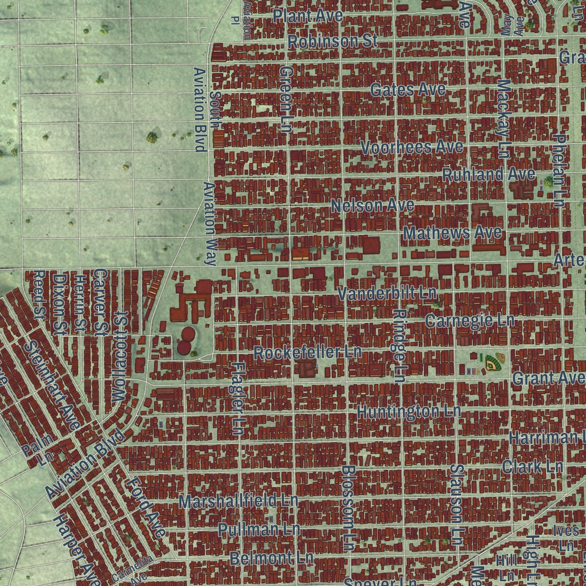 Close-up of the map of Redondo Beach, California print showing street and building detail