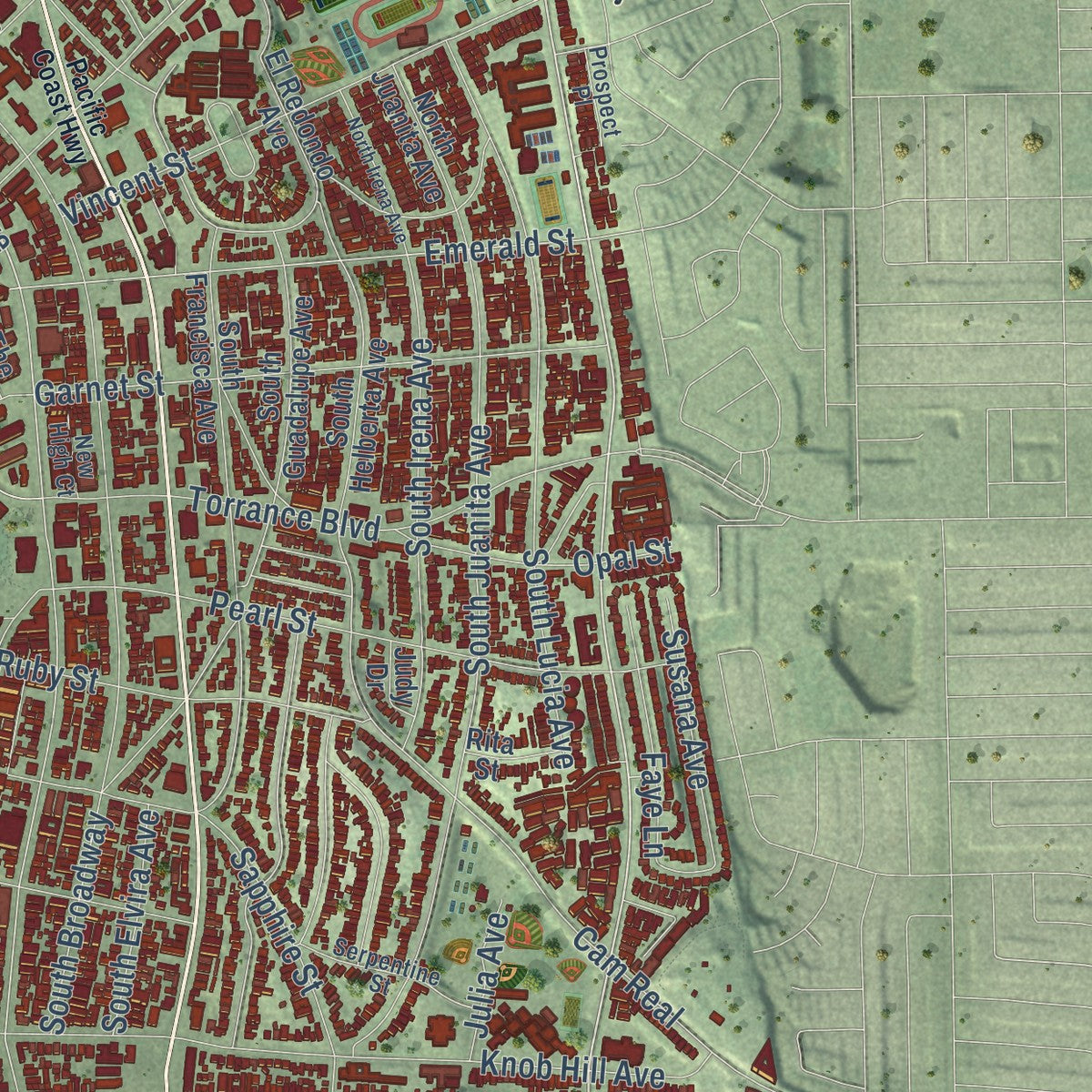 Second close-up of the map of Redondo Beach, California print showing more streets and buildings