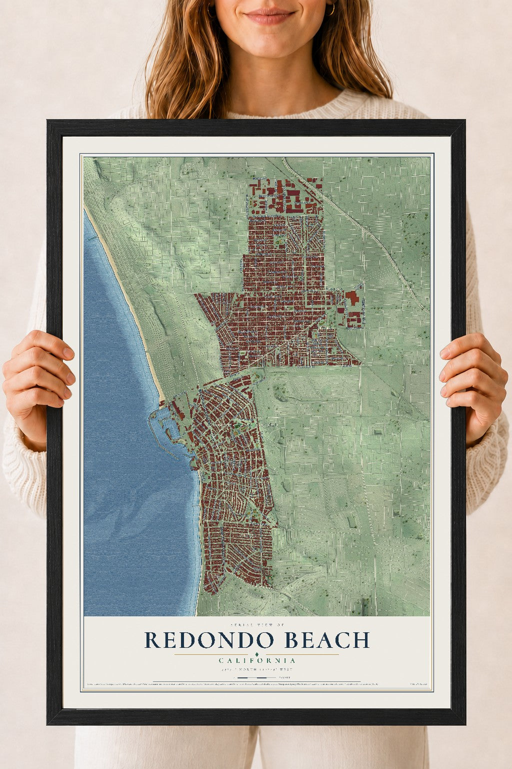 Map of Redondo Beach, California, 18 x 24 inch print in a black wood frame