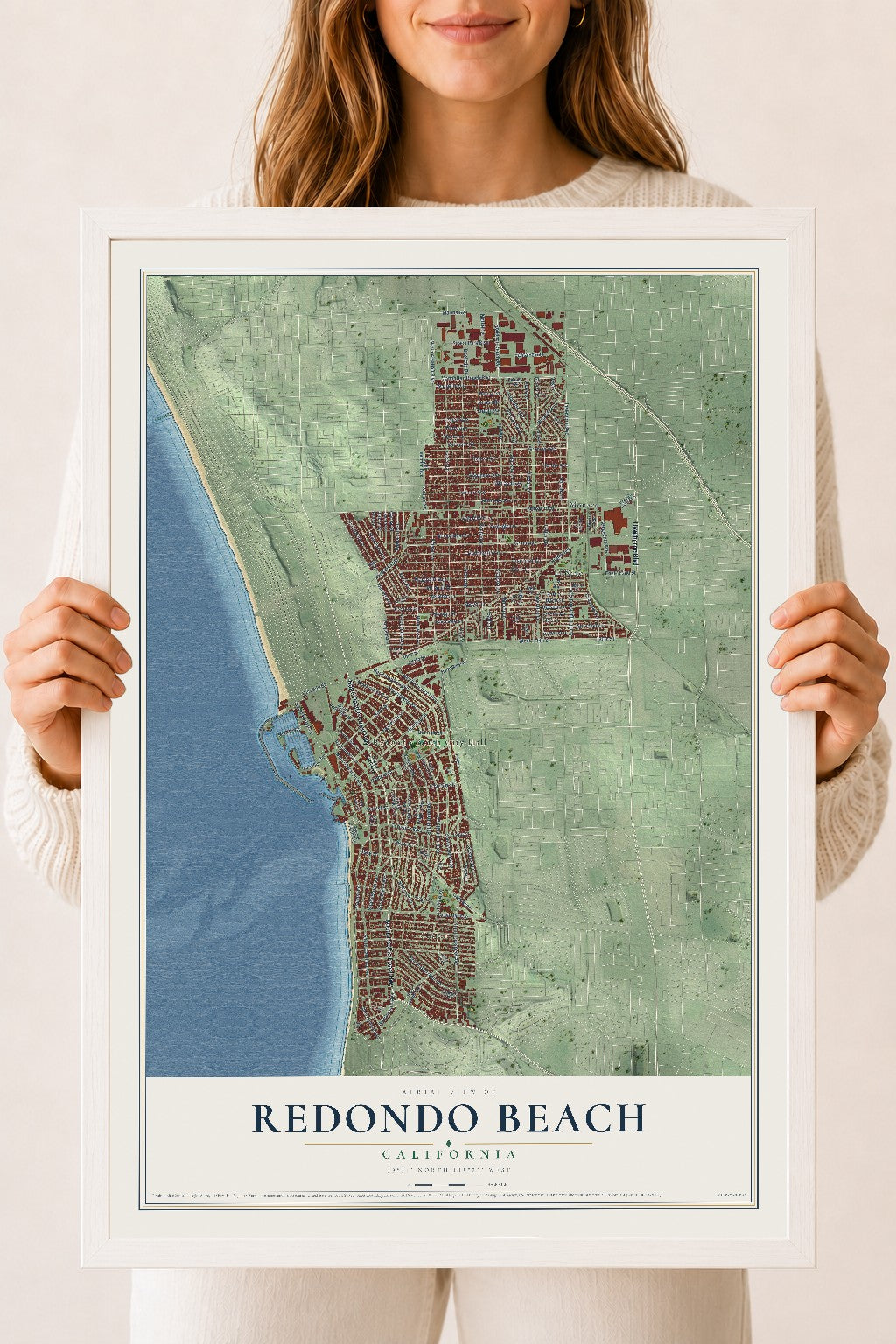 Map of Redondo Beach, California, 18 x 24 inch print in a white wood frame