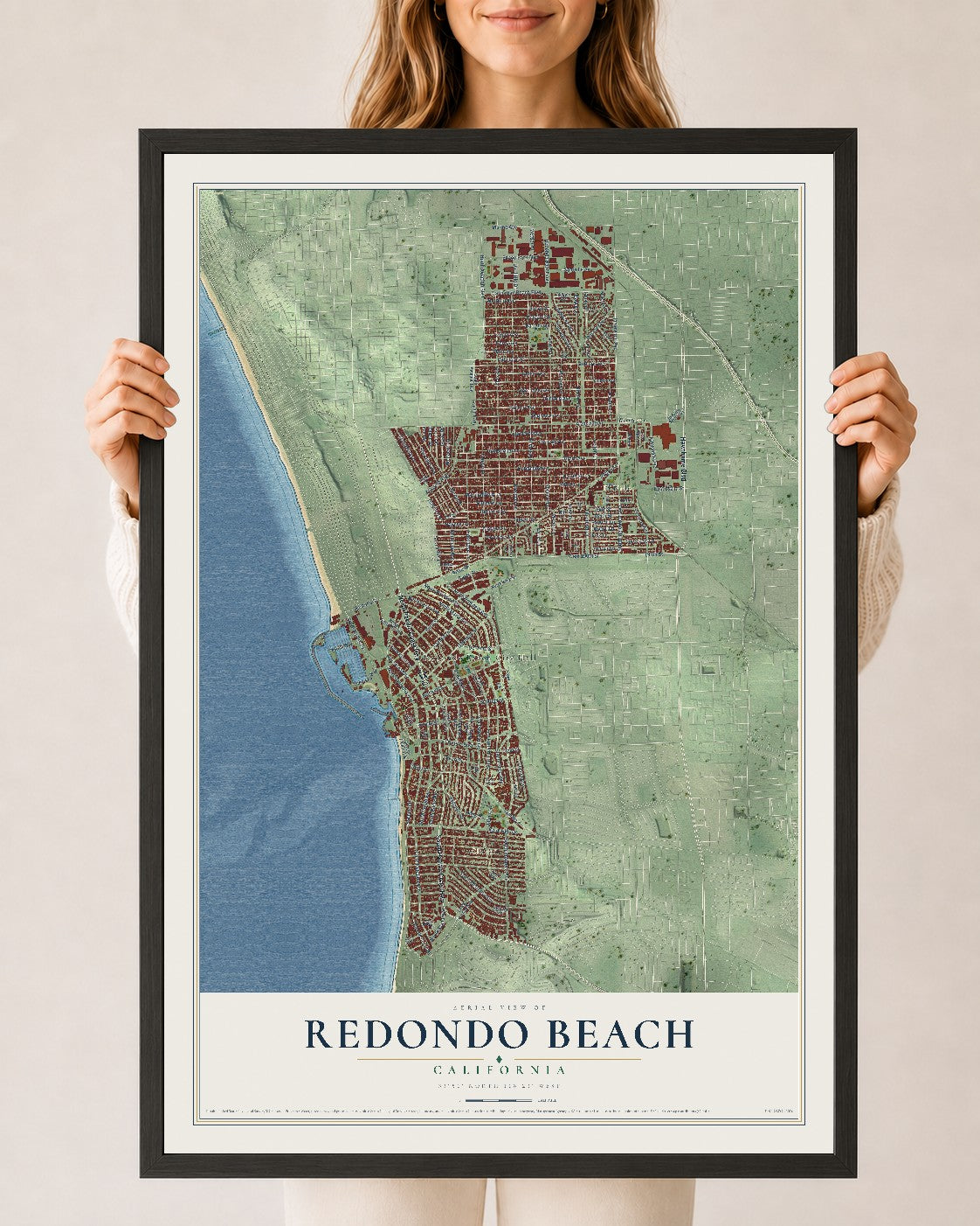 Map of Redondo Beach, California, 24 x 36 inch print in a black wood frame