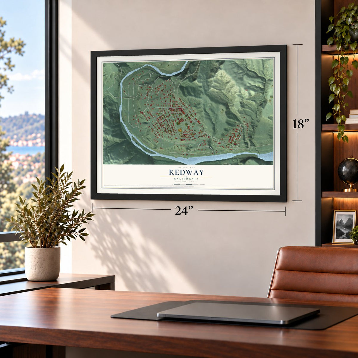 Redway, California map, 18 x 24 inch print in a black frame in a home office