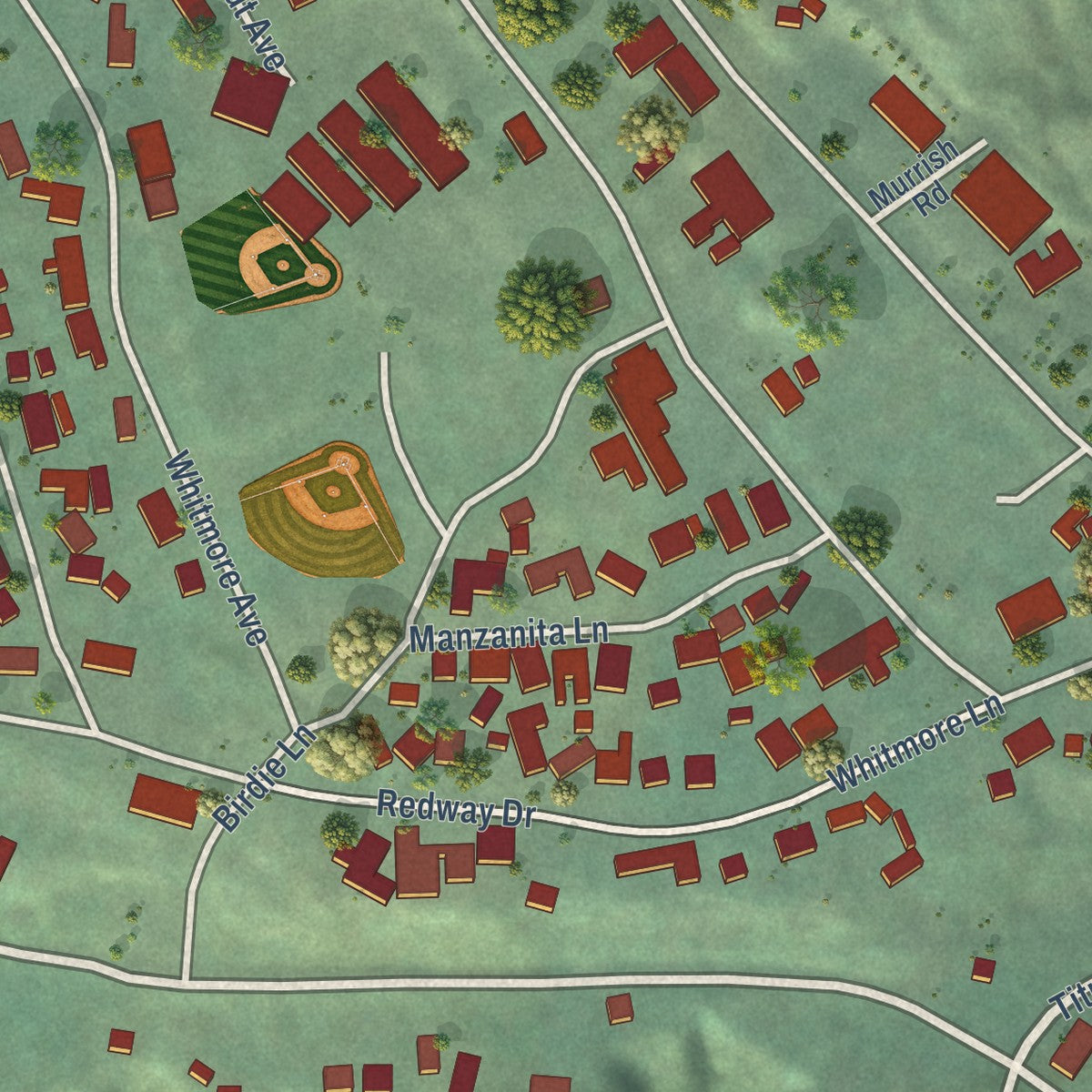 Close-up of the map of Redway, California print showing street and building detail