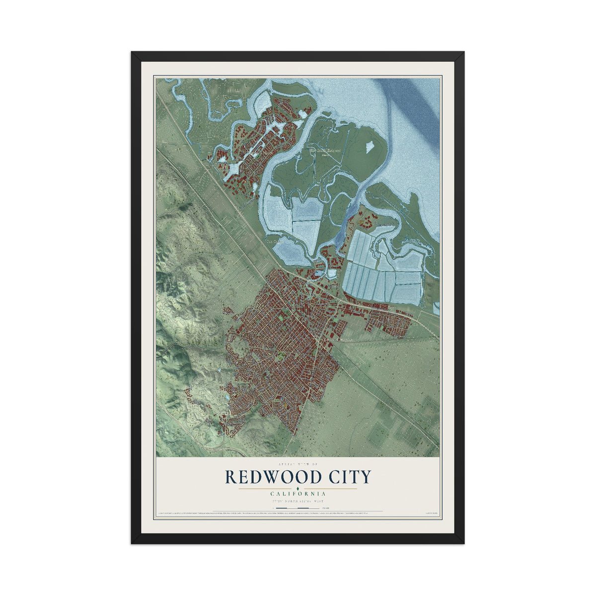 Map of Redwood City, California, 12 x 18 inch print in a black wood frame