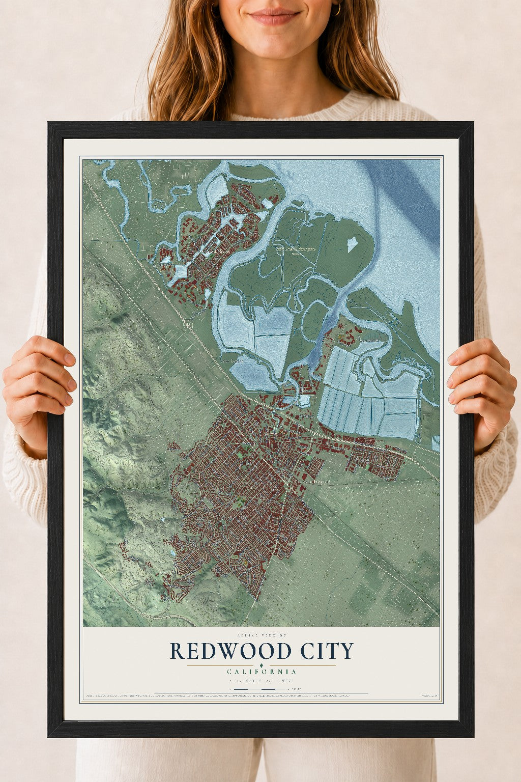 Map of Redwood City, California, 18 x 24 inch print in a black wood frame