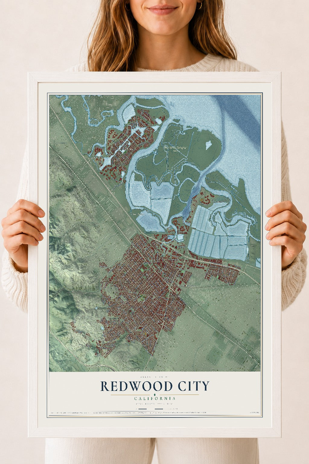 Map of Redwood City, California, 18 x 24 inch print in a white wood frame