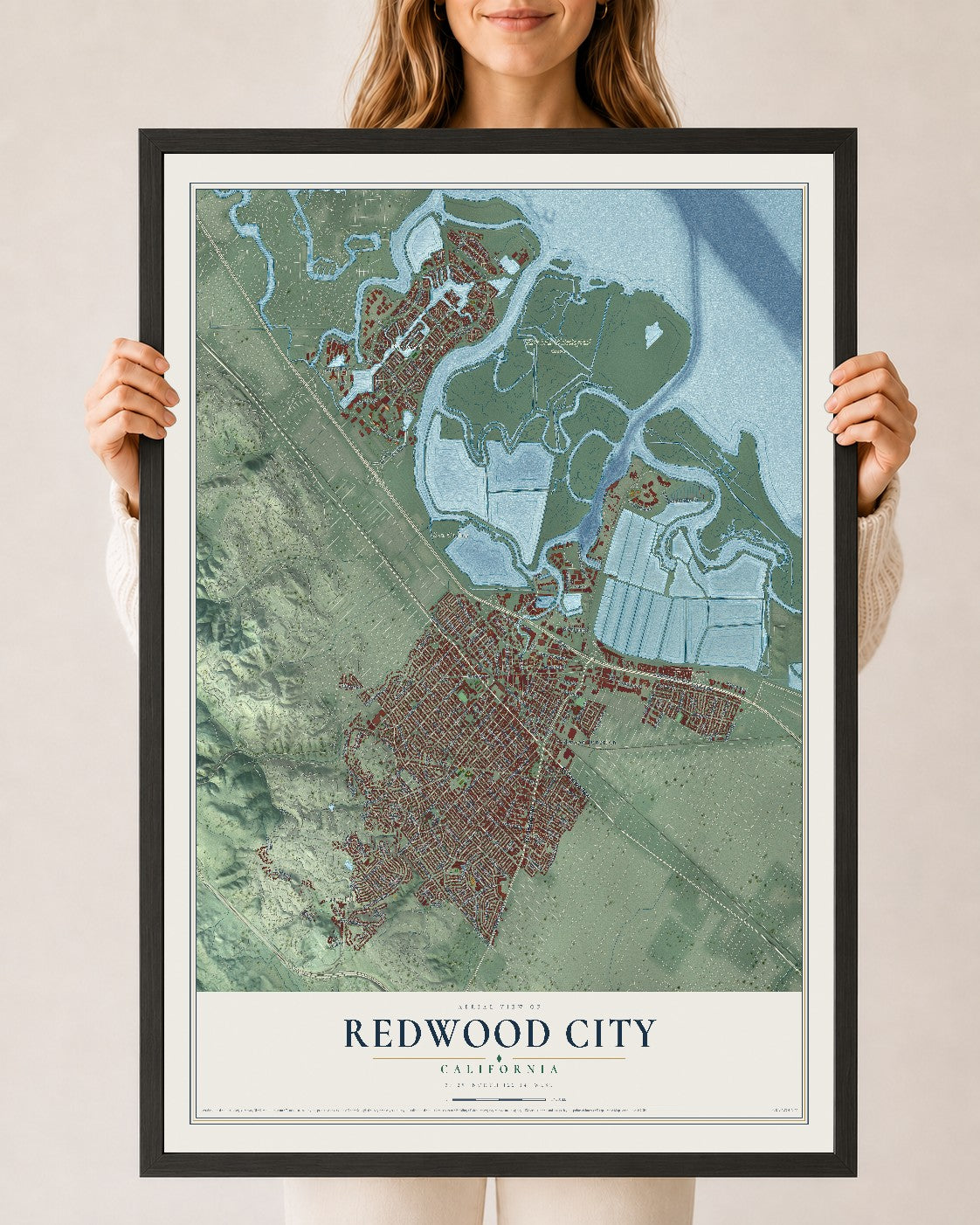 Map of Redwood City, California, 24 x 36 inch print in a black wood frame
