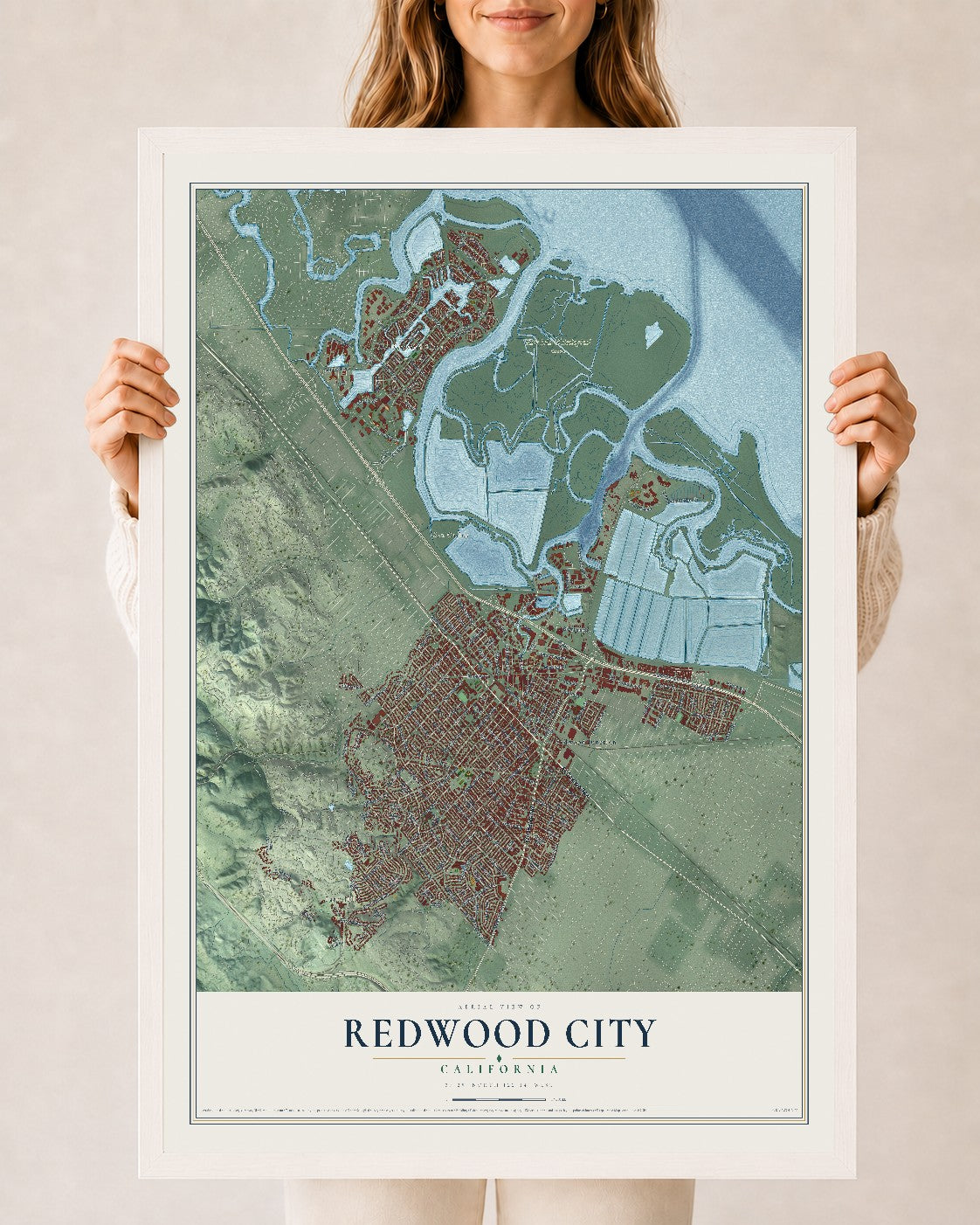 Map of Redwood City, California, 24 x 36 inch print in a white wood frame