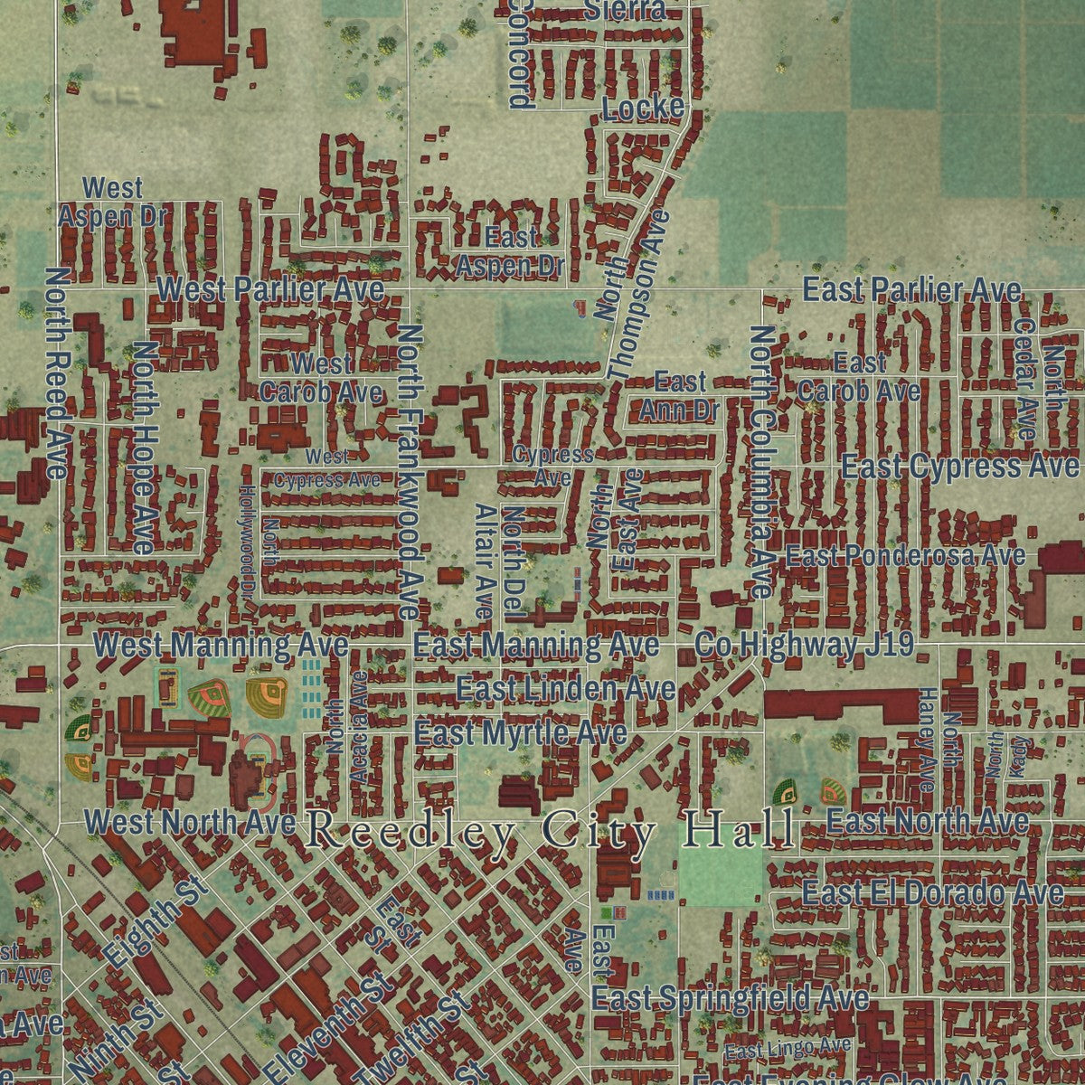 Close-up of the map of Reedley, California print showing street and building detail